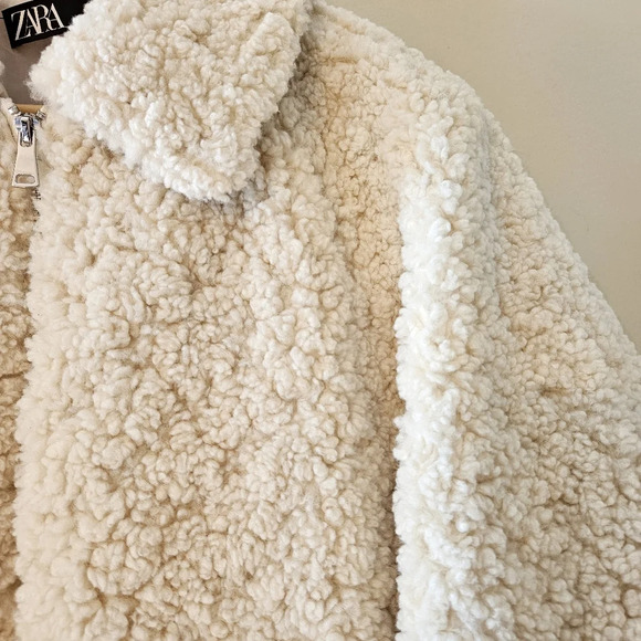 Zara Teddy Sherpa Boho Cropped Bomber Contemporary Jacket Cream Size Medium. - Picture 10 of 16